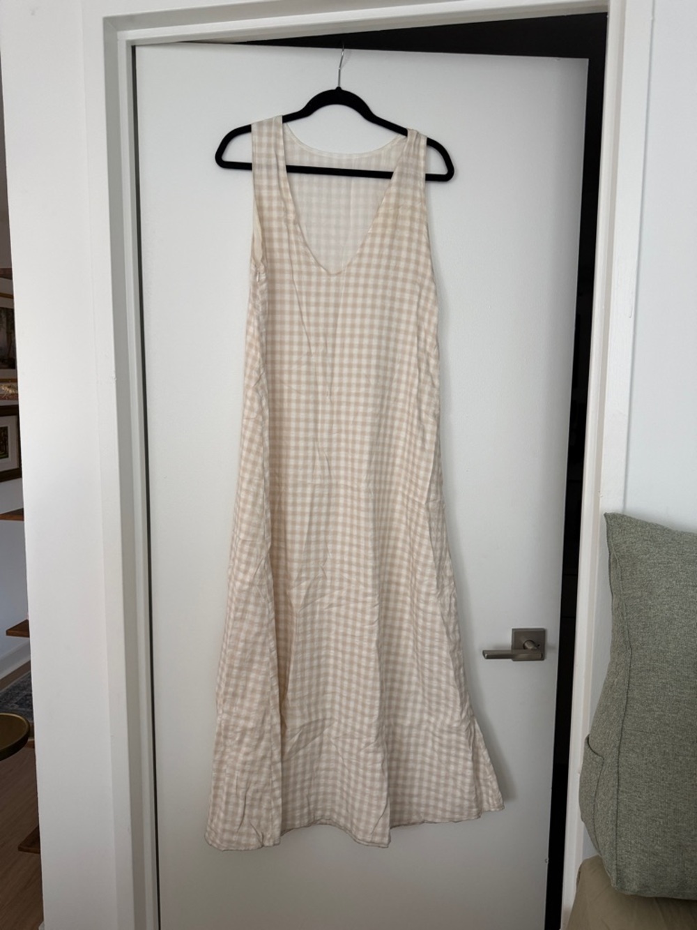 Sleeveless Beige Gingham Maxi Dress - Women's